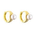 Detailed view of gold plated brass hoop earrings with white round micro-inlaid pearls - Gold Single Pearl Huggie Earrings