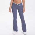 Close-up of V-shaped crossover high waist on flared yoga pants with white contrast piping - Blue Gray