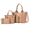 Three-piece women's PU leather handbag set in apricot with metal ring and tassel details - Khaki