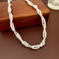 Double-strand butterfly flower necklace with white pearls and faceted silver beads - Baroque Pearl Crushed Silver Twisted Double Layer Necklace