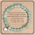Green crackle natural stone bead bracelet with silver heart charm on a gift card - Weathered Green Agate + Best Friend Card