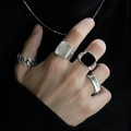 Gothic hip hop ring set with chain, hammered band and black onyx signet style - J0555-4Pcs Industrial Chain Square Tag Set