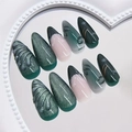 Long almond press-on nails with green and pink gradient, 3D leaf texture and gold accents - K050【24pcs】 / Boxed (jelly Gel + Granules)