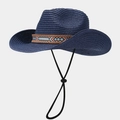 Bohemian deep blue straw sun hat with ethnic band and adjustable wind rope for beach - One Size / Dark Blue