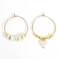 Bohemian gold hoop earrings with white heart pendant and asymmetrical bead design - Asymmetric Heart Gold Hoop