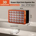 30-drawer stackable storage unit for parts with transparent compartments in orange and black - Orange 30 Small Grids