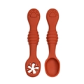 Orange silicone baby spoon set with textured handles and hollow flower tip for feeding - Two-Piece Set / Caramel color