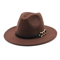 Detail of wide brim wool fedora with decorative black band and gold chain buckle - Brown