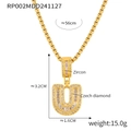 Gold-finish letter U pendant with cubic zirconia on a 56cm steel box chain necklace - Letter U Necklace