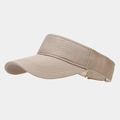 Close-up of khaki open top sun hat with breathable twill cotton texture and wide curved brim - Adjustable / Khaki