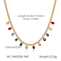 Macro detail of gold stainless steel necklace with dimensions and colorful pear-cut charms - Multicolor Water Drop Pendant Necklace (HC-N40506-MX)