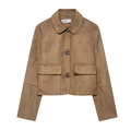 Short brown faux suede jacket for women with lapel collar and large front pockets - XS / Light Khaki