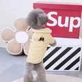 Thick lemon yellow dog puffer vest with fleece collar, bear embroidery and D-ring for leash - S / Khaki