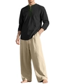 Men's linen set featuring black long sleeve henley shirt and beige wide leg casual pants - Black+Khaki