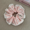 Pink striped and polka dot double-layer lace scrunchie with white floral embroidery - 62# Pink Striped Lace