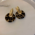 Detailed view of French vintage leopard print acrylic earrings with gold metal accents - 15# Leopard Pattern Geometric Circle Stud Earrings (925 Sterling Silver Earring Post)