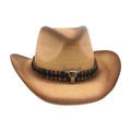 Cappello da cowboy in paglia sfumata marrone con fascia etnica e teschio di toro argento - Taglia unica(56-58cm) / Beige