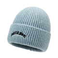 Light blue knit beanie with black 'paragon' embroidery and ribbed texture for winter - Blue