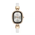 Close-up of elegant ladies' oval quartz watch with white leather strap and gold case - White (Watch Only)