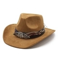 Brown suede cowboy hat with USA metal eagle emblem and American flag patterned strap - M (56-59cm) / Khaki (Suede)