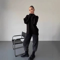 Black oversized round neck knitted sweater for women in a loose fit cozy fall style - S / Black