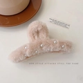 Plush faux fur claw clip in apricot pink with faux pearls for women hair styling - Light Pink Faux Rabbit Fur Pearl Claw Clip