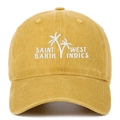 Close-up of Saint Barth West Indies palm tree embroidery on mustard yellow cotton baseball cap - Yellow