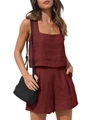 Ensemble 2 pièces en lin bordeaux avec débardeur à col carré et short taille haute - S / Bordeaux