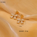 Detail showing gold heart bow earrings with white pearls and size measurements - Heart Bowknot Artificial Pearl Stud Style (NMSE-C519-1)