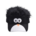 Detail of penguin embroidery on sun visor cap with black synthetic hair toupee top - Black Wig Cartoon Penguin (Style 5)