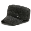 Men's dark gray winter flat cap with herringbone pattern and metal sport detail - Sport Label / Gray