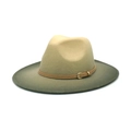 Gradient beige to grey-green wool cowboy jazz hat with brown leather buckle band - Khaki Thin Belt Decor / Green/Light Beige Gradient