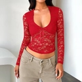 Haut en dentelle rouge Y2K à manches longues, décolleté en V et nœud frontal - XS / Rouge