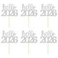 Lot de décorations de gâteau Hello 2026 pailletées argentées pour le Nouvel An - hello 2026 / Lot de 6 / Argent