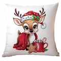 Festive watercolor Christmas reindeer pillow cover with holiday hat and scarf on white backdrop - Reindeer Hot Cocoa
