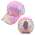 Detail view of tie-dye baseball cap with functional ponytail hole and cotton canvas fabric - Adjustable / Pink Yellow Tie Dye