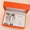 Women's rose gold watch and jewelry 5-piece set with shining rhinestones in orange gift box - Rose Gold Set 5 (Orange Box)
