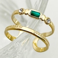 Macro shot of gold double-layer ring with green emerald cut gemstone and textured band - One Size / Green Stone Double-layer Open Style (R0120-02-green)