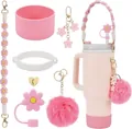 Pink and white floral accessory set for tumblers including silicone boot and charms - Pink