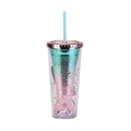 Double-wall mermaid tail straw cup with turquoise to pink gradient and colorful sequins - Type F/Green Pink Gradient