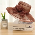 Brown organza wide-brim sun hat with a large floral ornament for women in vintage style - One Size / Coffee