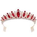 Detail of gold bridal crown with red rhinestones and integrated hair combs on white background - Gold Red Rhinestone