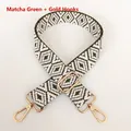 Detail of green and white geometric pattern woven bag strap with golden metal hooks - Matcha Green + Gold Hardware