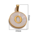 Stainless steel round pendant with gold letter O on white shell, 32mm by 22mm - Gold O