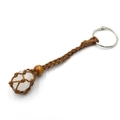Handmade woven net keychain featuring a raw pink quartz stone with a wood bead - Clear Quartz + Brown Mesh Keychain
