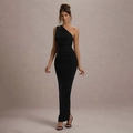 Detail of elegant black one-shoulder dress with ruched waist and side slit textures - S / Black