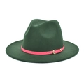 Detail of dark green wool fedora hat featuring a bright pink belt and gold buckle - M(56-58cm) / Dark Green
