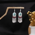 Ethnic silver-plated tassel earrings with turquoise stones on a branch - Silver Turquoise Blue and Red Bead Tassel Style (E1837-1)