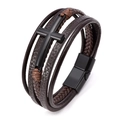 Multi-layer brown braided leather bracelet with black metal cross and magnetic clasp - Coffee Leather Black Buckle