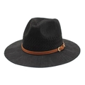 Close-up of black straw fedora hat featuring breathable woven texture and brown leather strap - Black